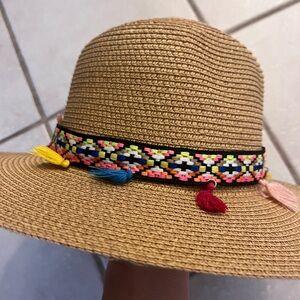 Tan Straw Hat with Colorful Band and Tassels